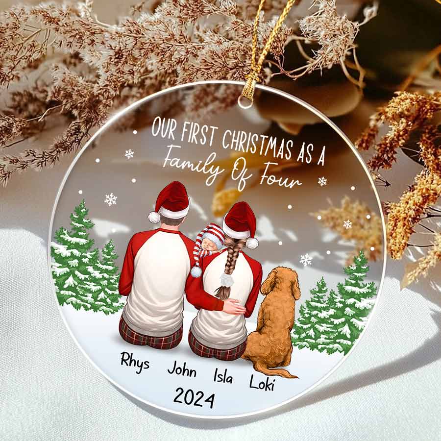 Personalized Family of 3 with Dog Christmas Ornament