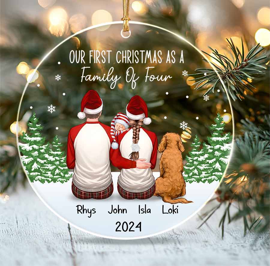 Personalized Family of 3 with Dog Christmas Ornament