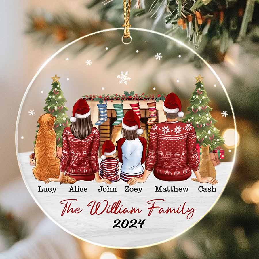 Personalized Family of 3 with Dogs Ornament