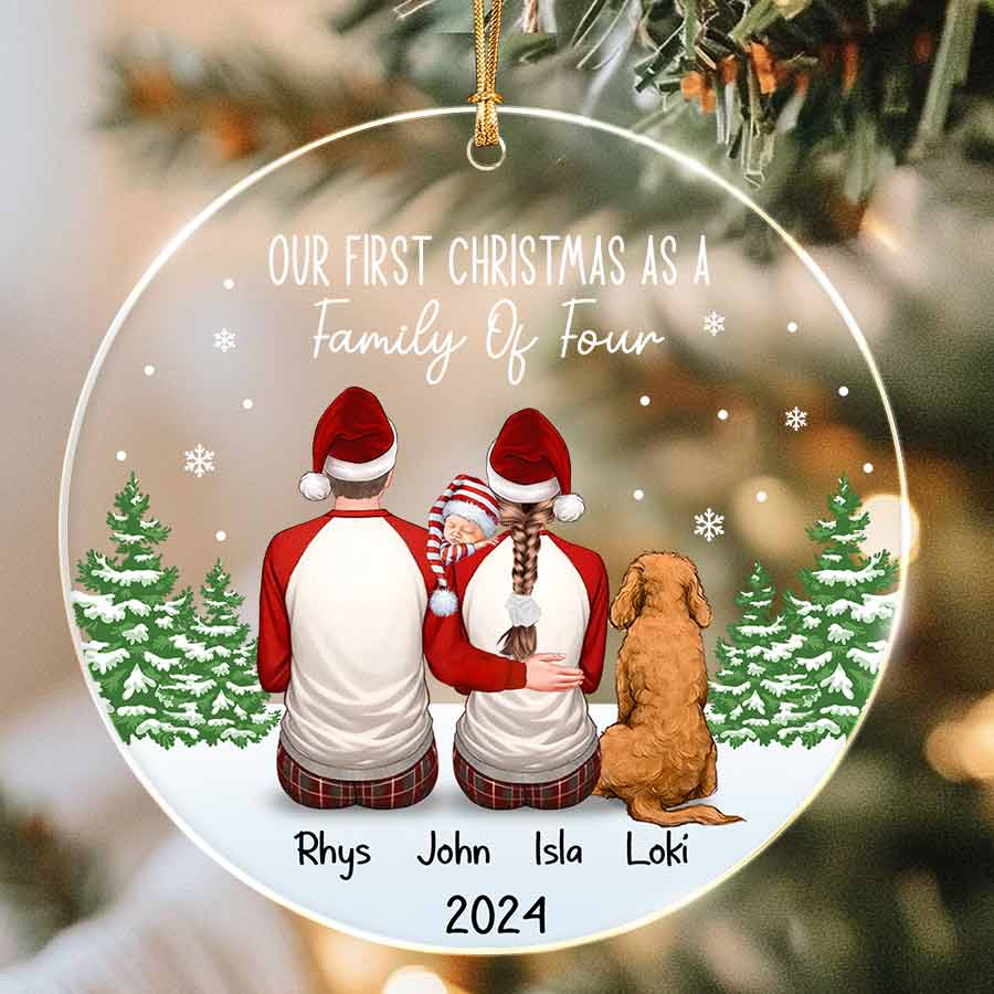 Personalized Family of 3 with Dog Christmas Ornament