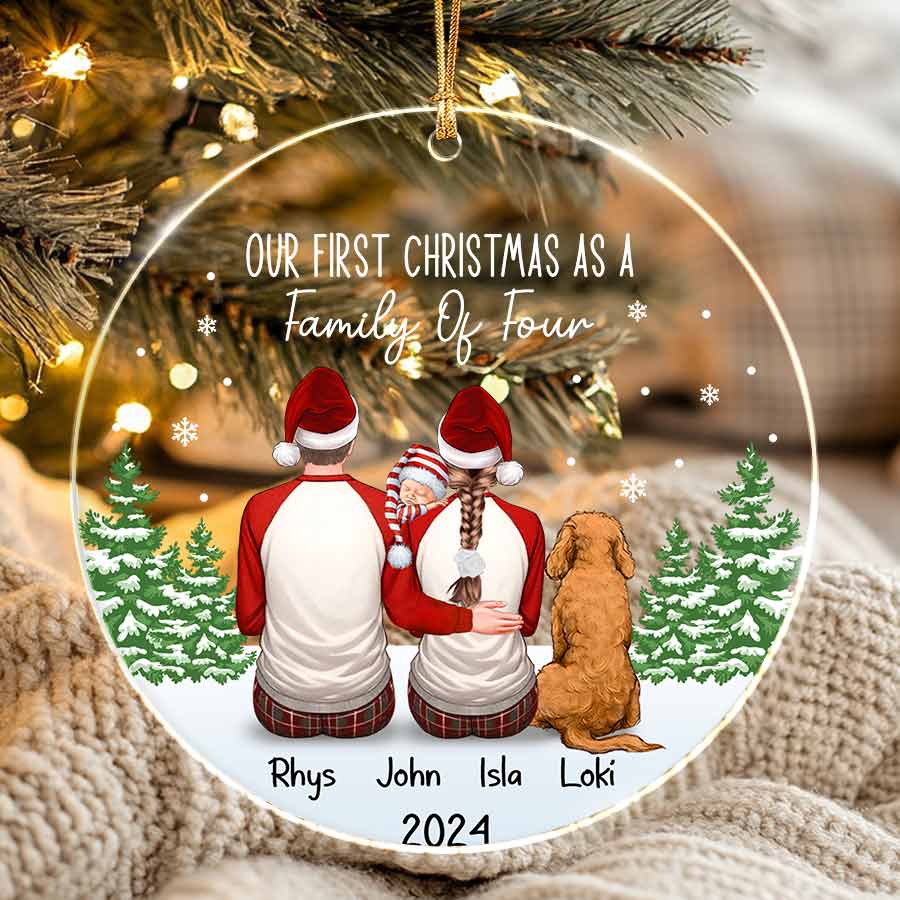 Personalized Family of 3 with Dog Christmas Ornament