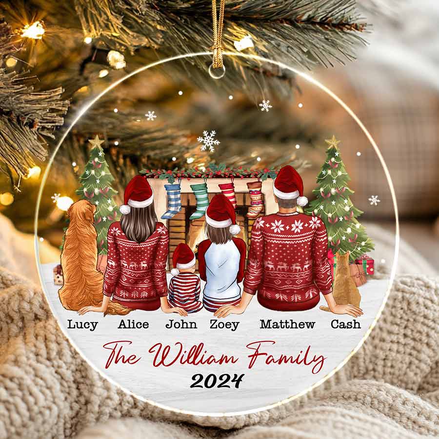 Personalized Family of 3 with Dogs Ornament