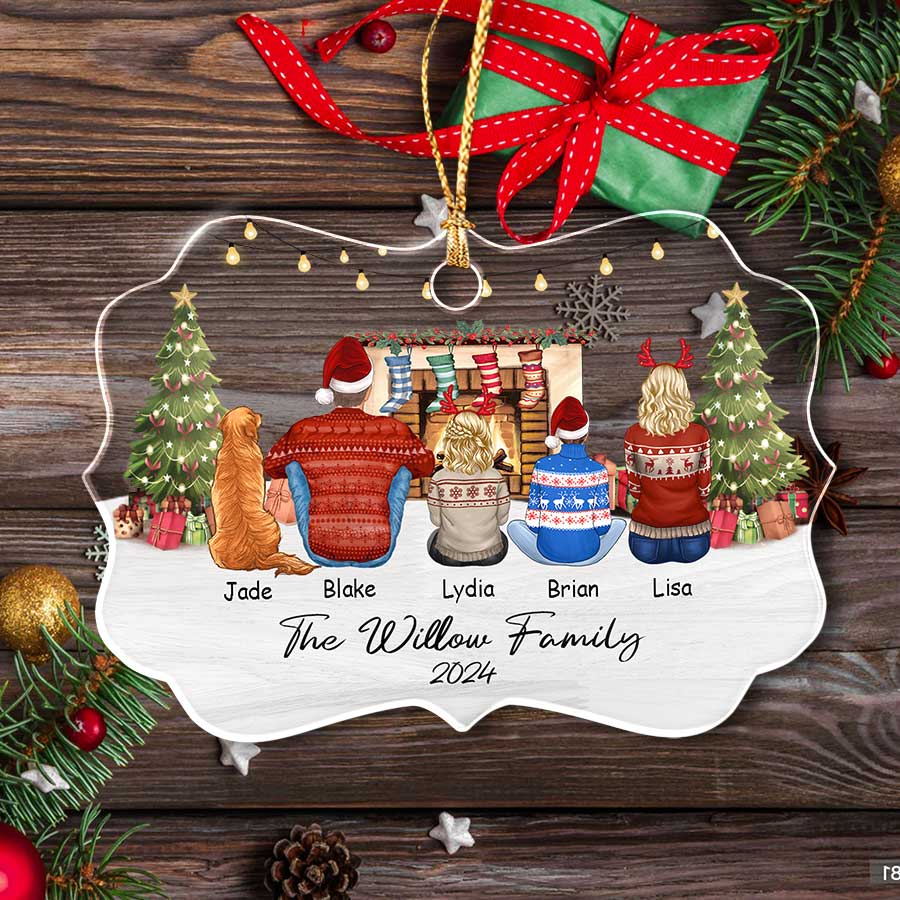 Family of 3 with 2 Dogs Ornament