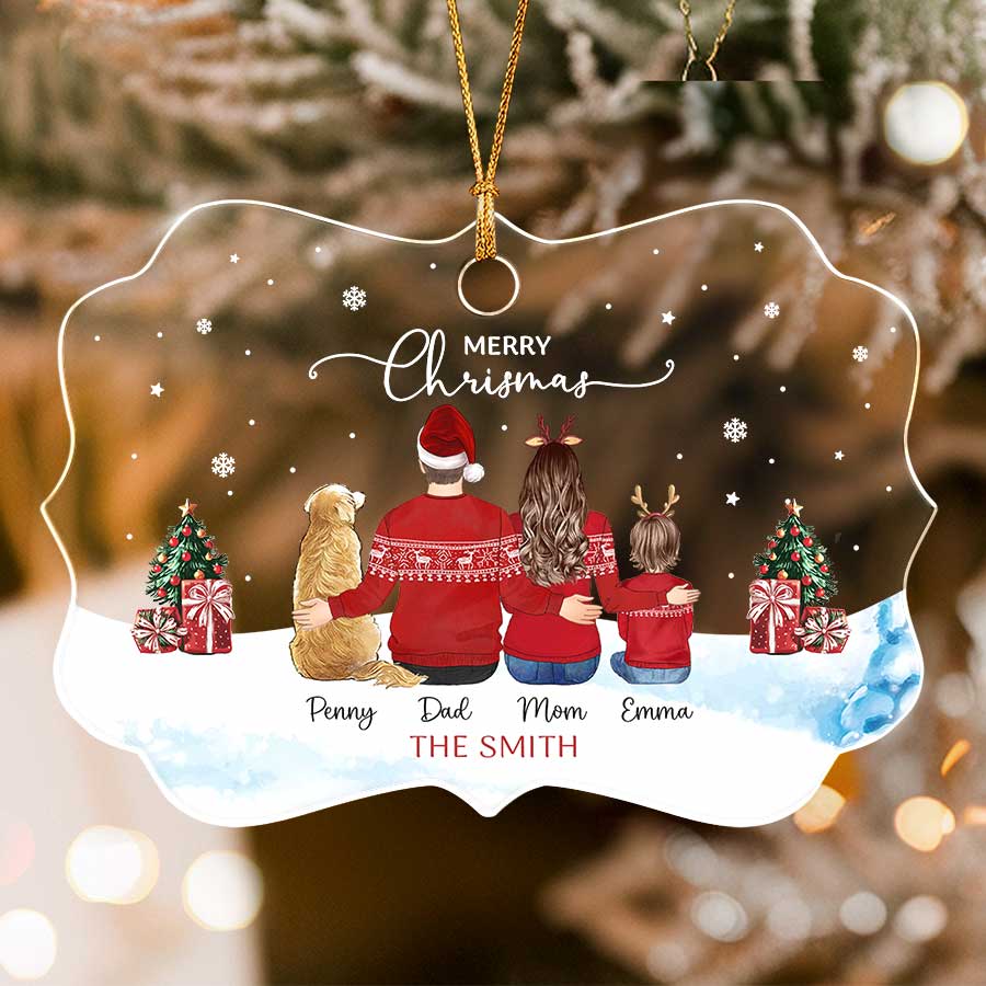 Personalized Family of 3 with 2 Dogs Christmas Ornament