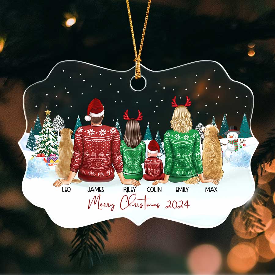 Custom Family of 3 Ornament with Two Dogs