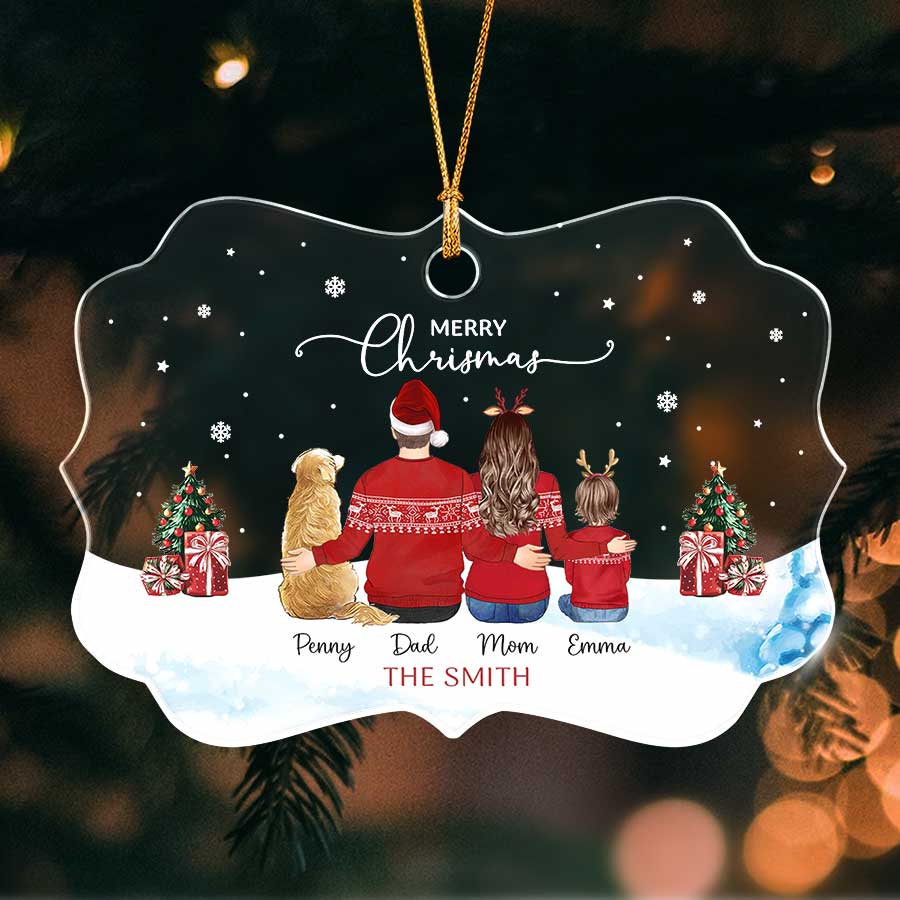 Personalized Family of 3 with 2 Dogs Christmas Ornament