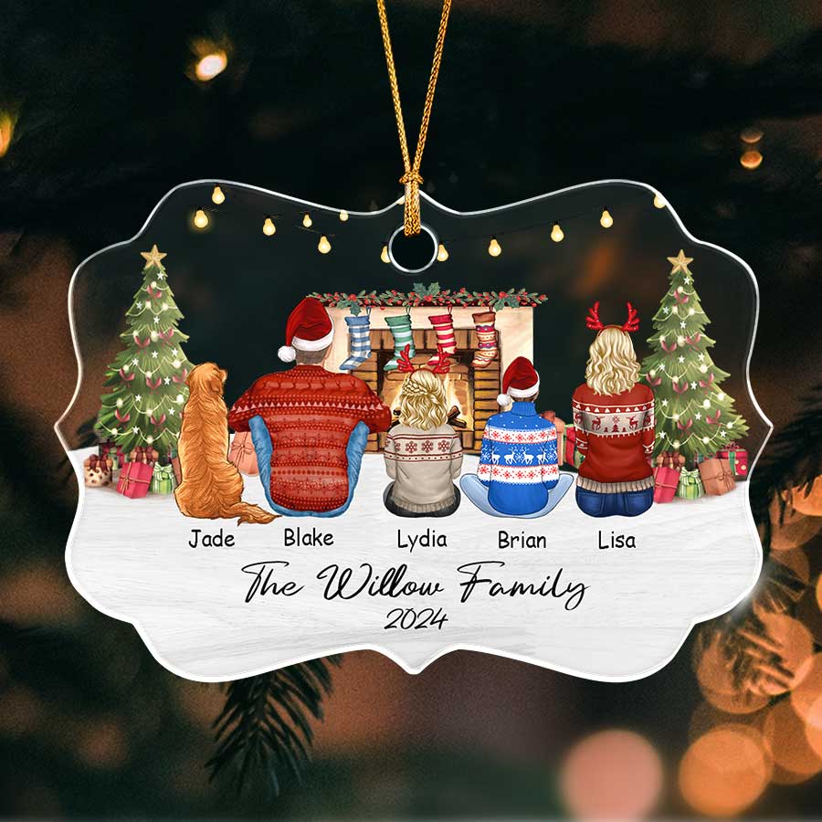 Family of 3 with 2 Dogs Ornament