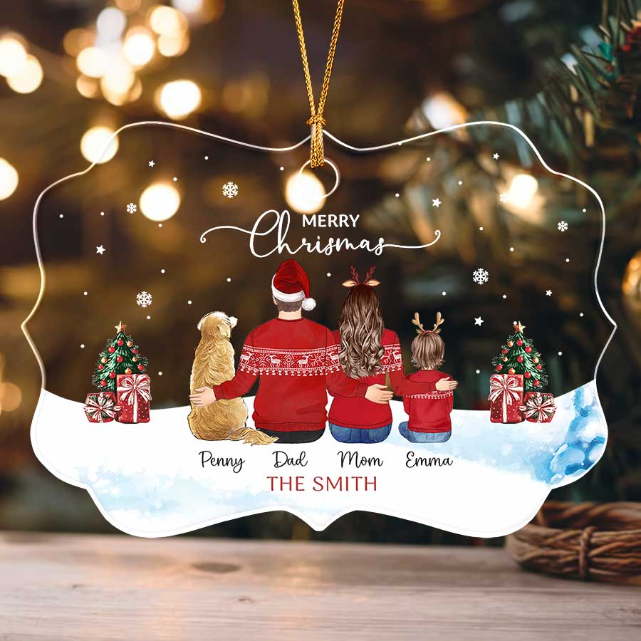 Personalized Family of 3 with 2 Dogs Christmas Ornament