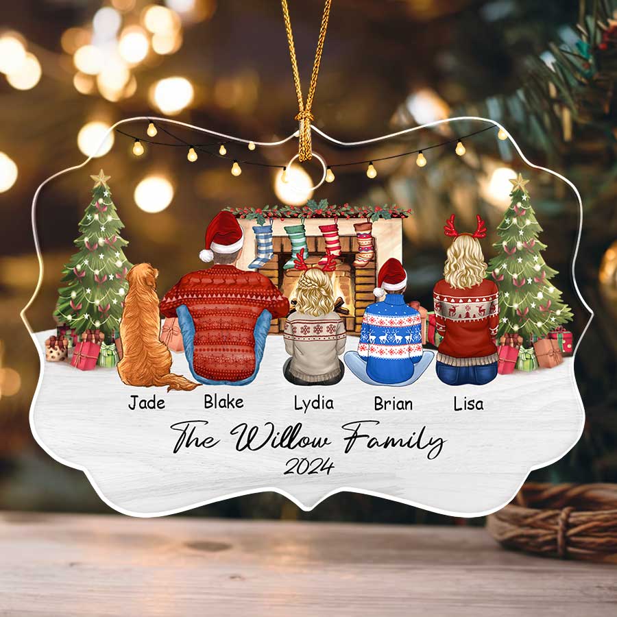 Family of 3 with 2 Dogs Ornament