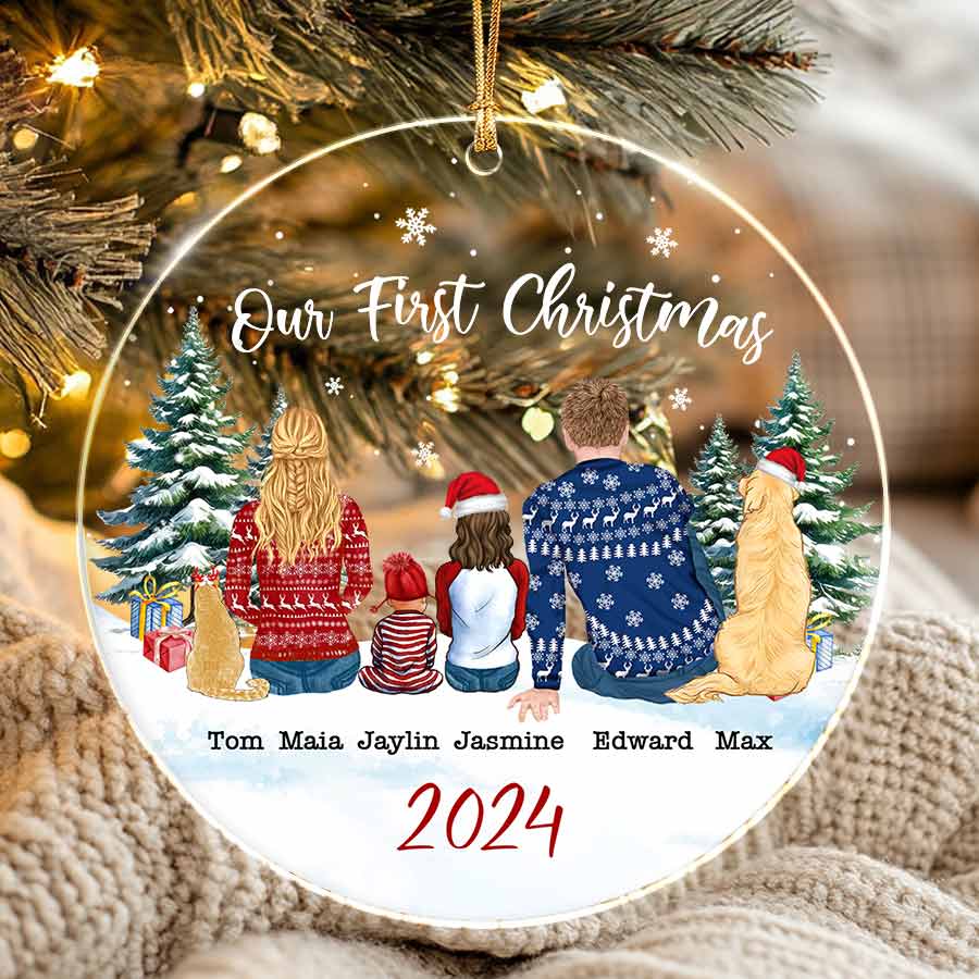 Personalized Christmas Family of 3 Ornament With Cat