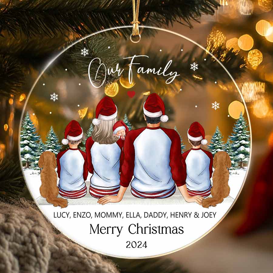 Personalized Family of 4 Ornaments With Dog