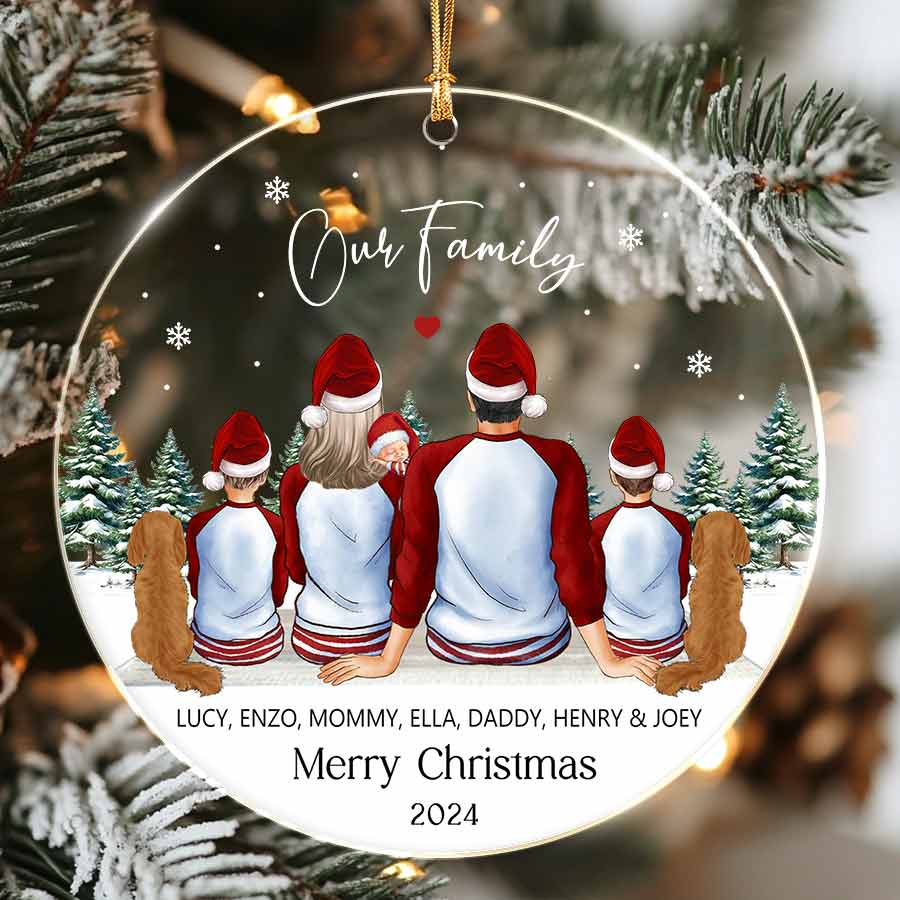 Personalized Family of 4 Ornaments With Dog