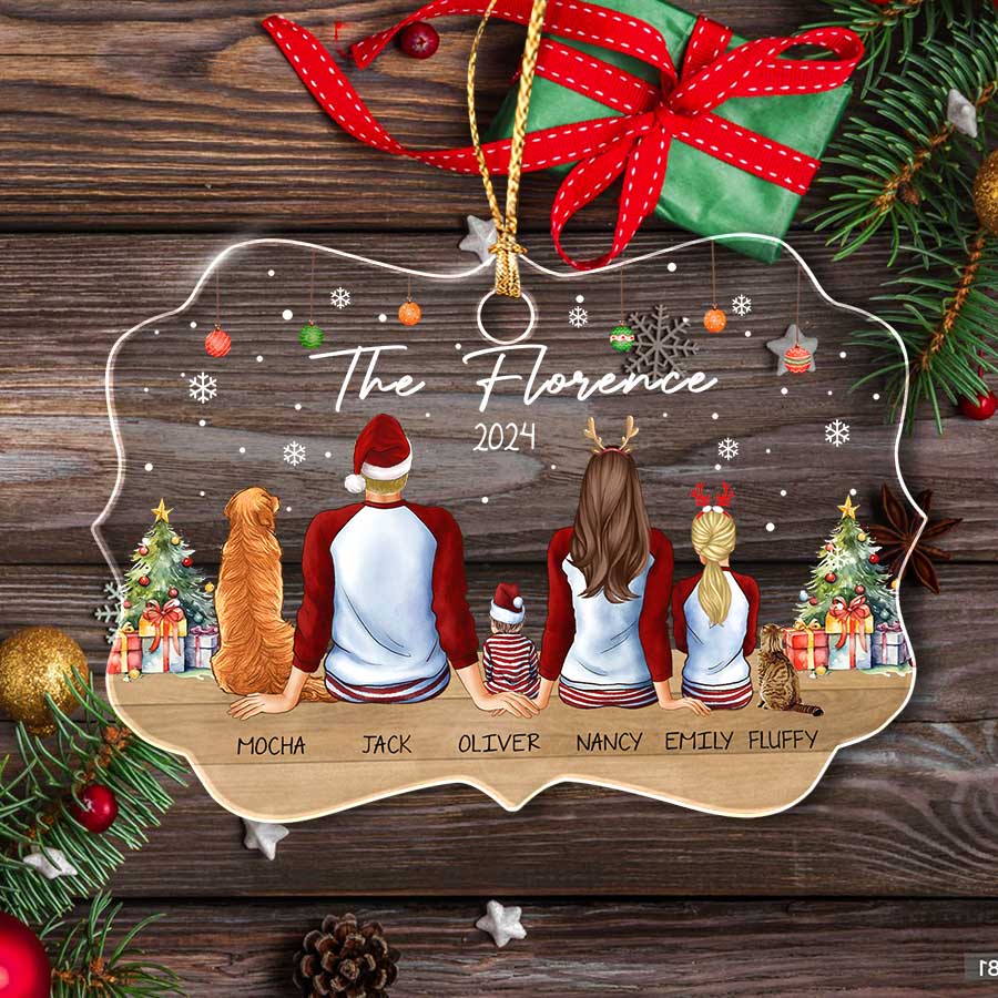 Personalized Family of 5 with Dog Ornament