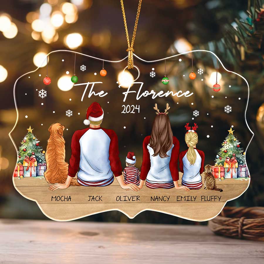 Personalized Family of 5 with Dog Ornament