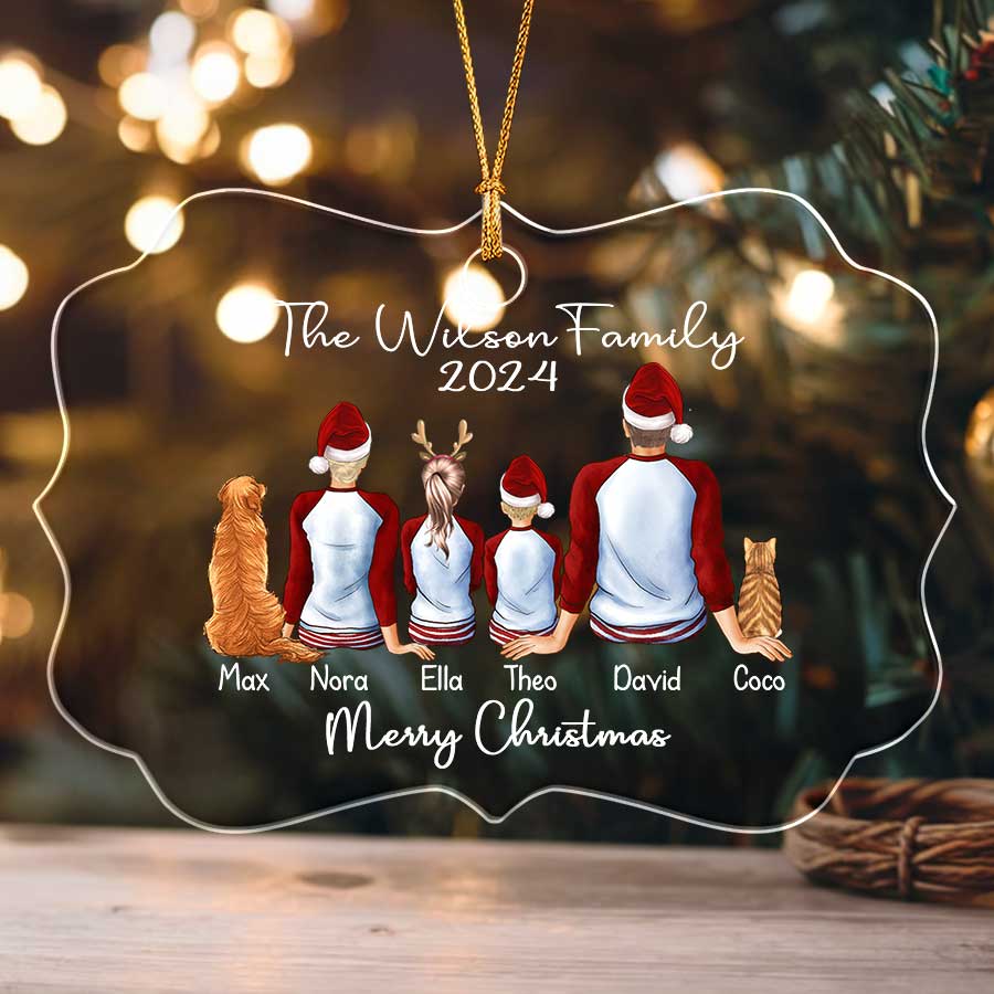 Family of 6 with 2 Dogs Ornament