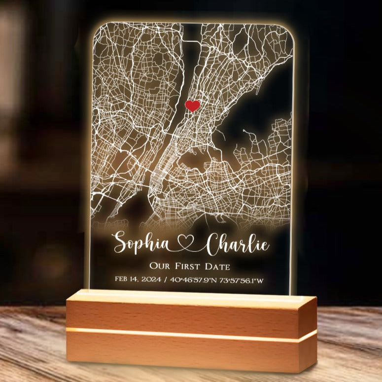 Our First Date Personalized Map LED Night Light Acrylic Plaque