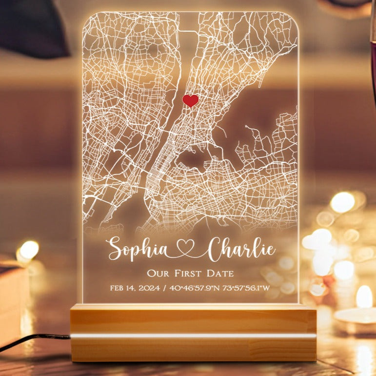 Our First Date Personalized Map LED Night Light Acrylic Plaque