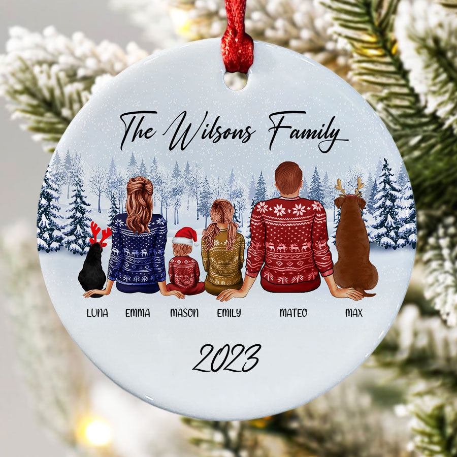 Family of 4 With 2 Dogs Ornament