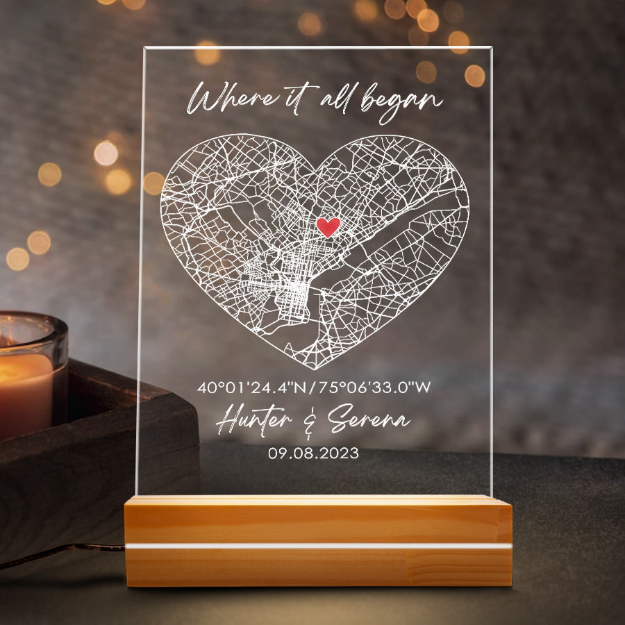 Custom Heart Shaped Map Acrylic Plaque LED Night Light with Couple Names