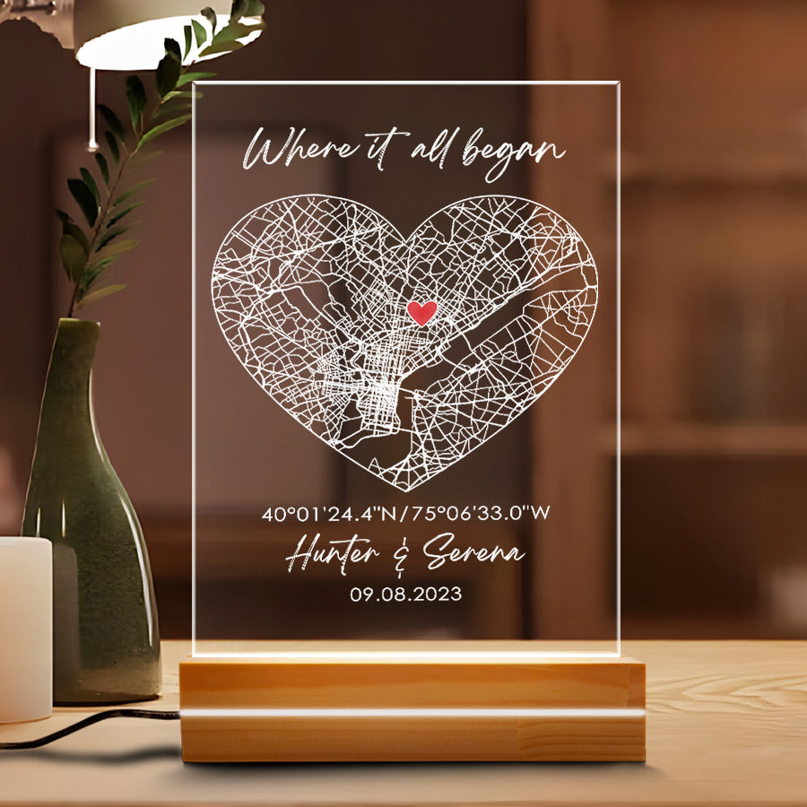 Custom Heart Shaped Map Acrylic Plaque LED Night Light with Couple Names