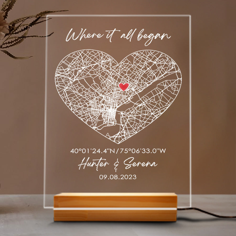 Custom Heart Shaped Map Acrylic Plaque LED Night Light with Couple Names