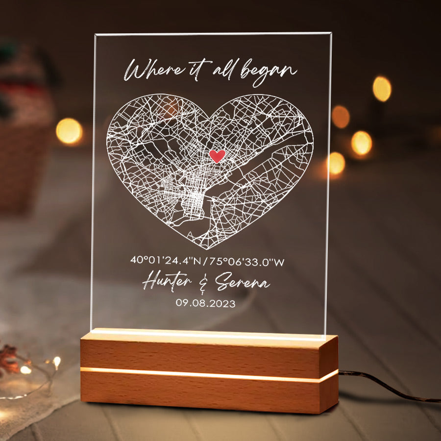 Custom Heart Shaped Map Acrylic Plaque LED Night Light with Couple Names