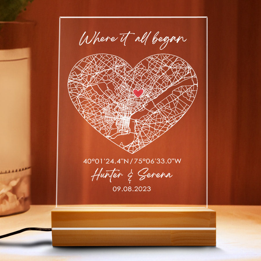 Custom Heart Shaped Map Acrylic Plaque LED Night Light with Couple Names