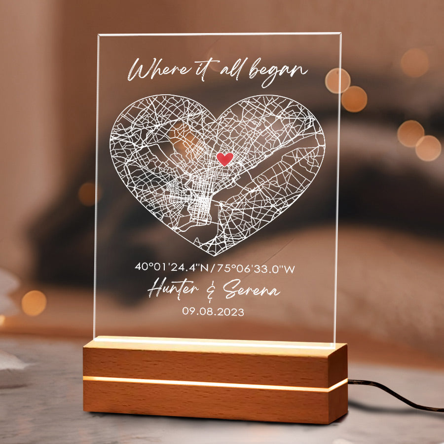 Custom Heart Shaped Map Acrylic Plaque LED Night Light with Couple Names