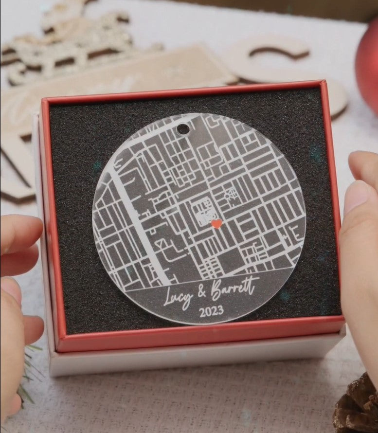 Engagement Xmas Ornament | Custom Map Acrylic Ornament For Couple | Circle Shape