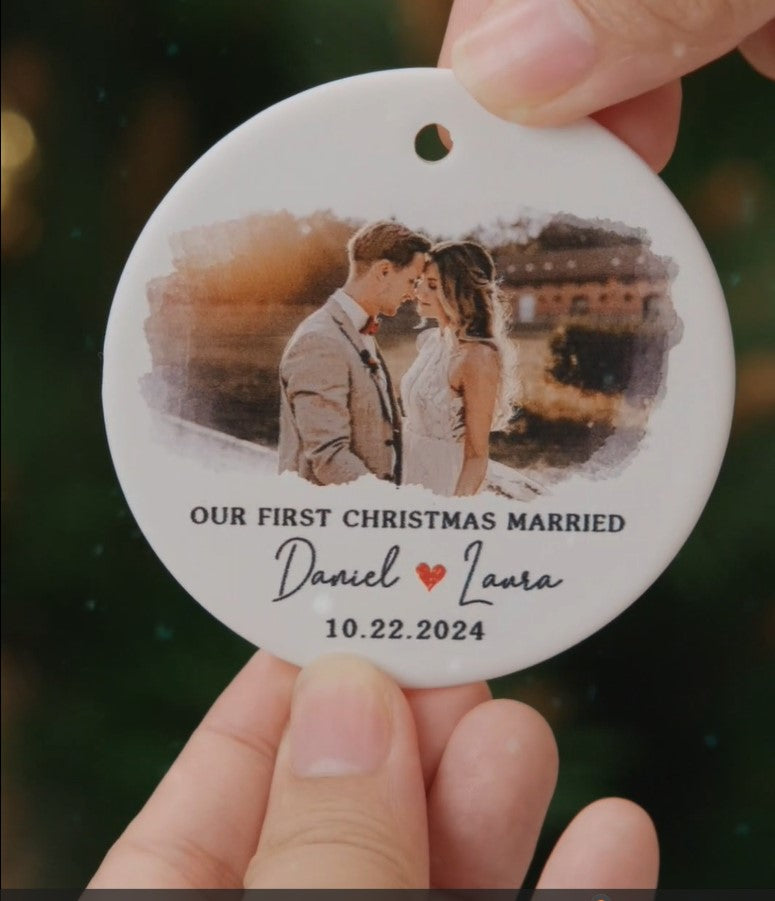 Engagement Christmas Ornament | Custom Photo Ceramic Ornament For Couple | Circle Shape