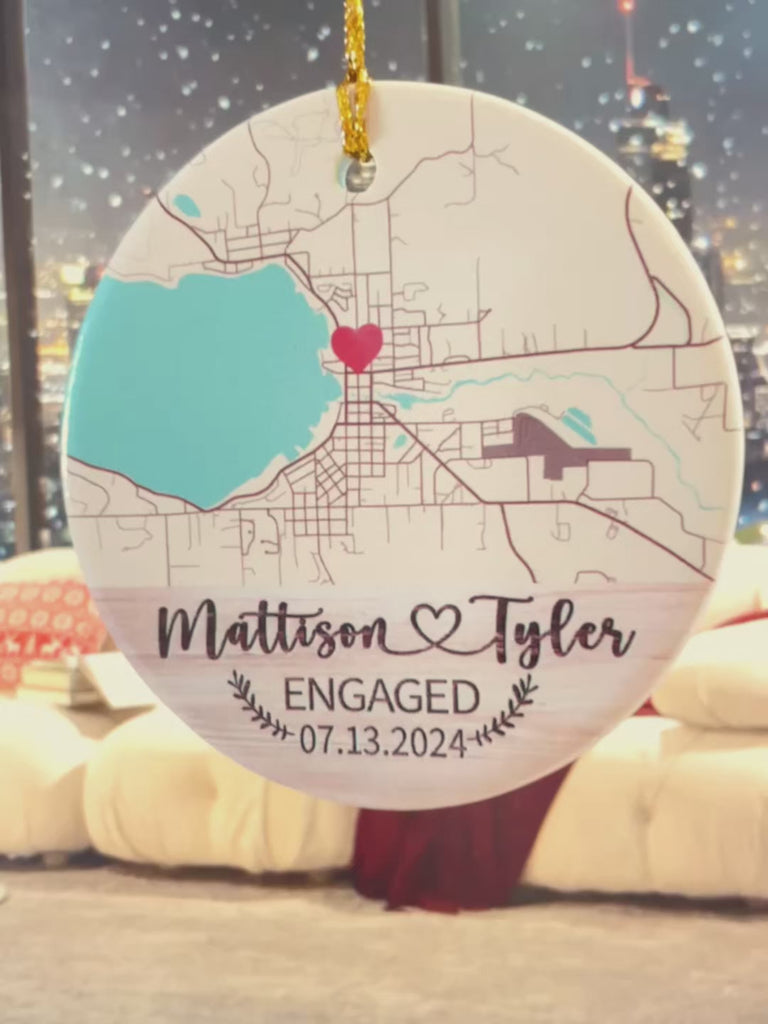 First Christmas Engaged Ornament | Custom Map Ceramic Ornament For Couple | Circle Shape